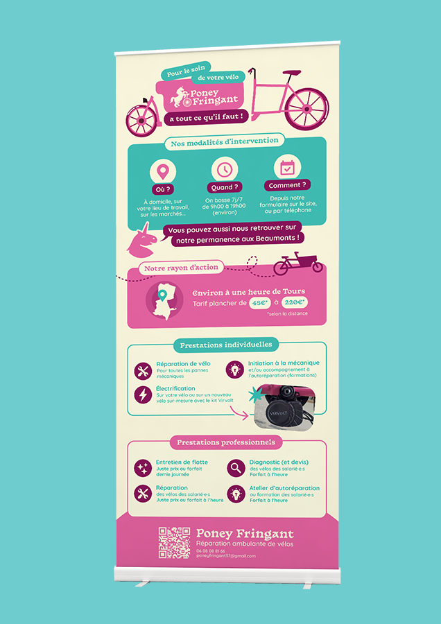 Un roll-up reprenant la charte graphique de Poney Fringant